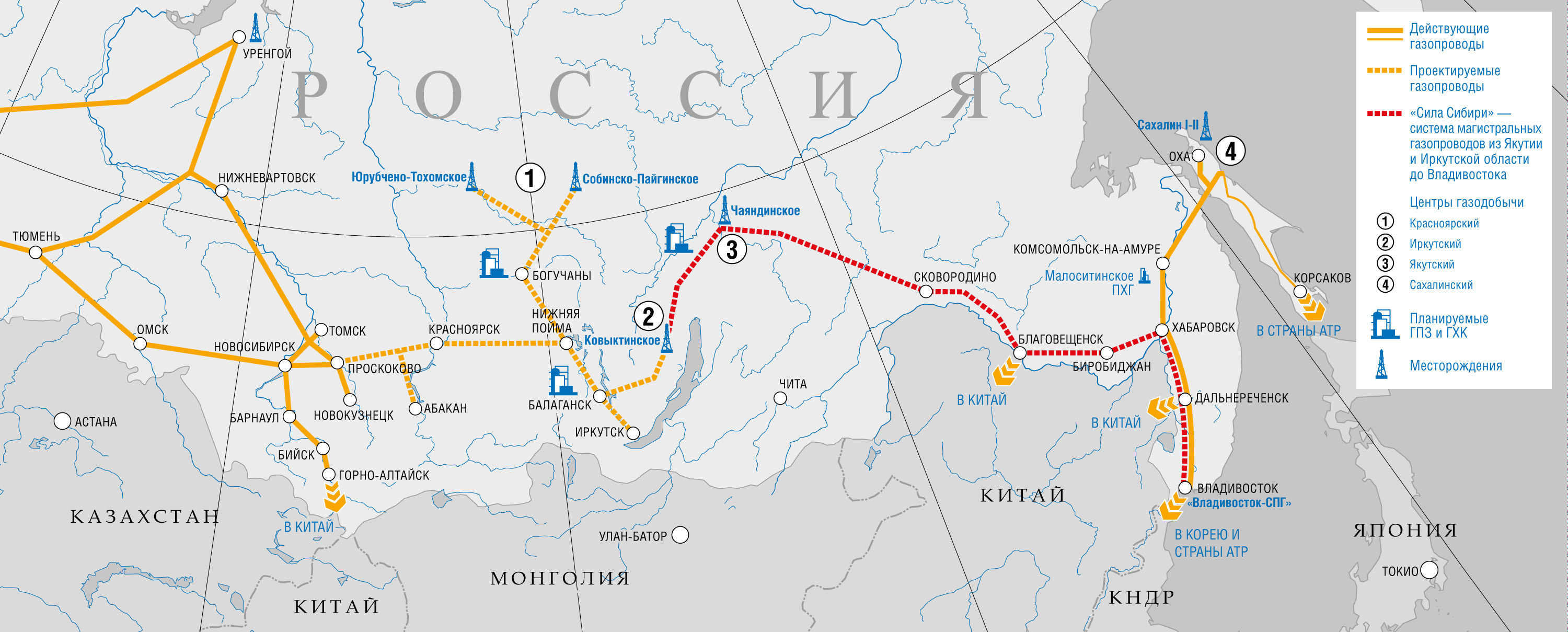 карта газопровода из России в Китай - Сила Сибири